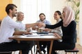 Diverse business partners shaking hand, celebrating contract signing Royalty Free Stock Photo