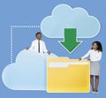 Diverse business people downloading data from a cloud icons