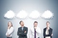 Diverse business team, thought clouds, gray