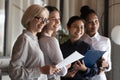 Diverse businesswomen team stand together smile ready to meet client