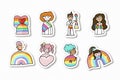 Diverse Cartoon Stickers with LGBTQ Rainbow Motifs and Characters