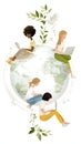 Diverse children collaborating on laptops around globe with nature elements Royalty Free Stock Photo