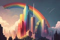 a diverse city, with its towers and skyscrapers towering over a rainbow-filled sky