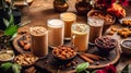 diverse coffee cups surrounded by an array of nuts and spices