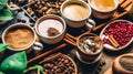 diverse coffee cups surrounded by an array of nuts and spices