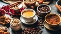 diverse coffee cups surrounded by an array of nuts and spices