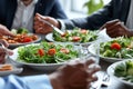 Diverse colleagues dinner meeting lunch in office restaurant businessmen group cafeteria cafe discussion business fine Royalty Free Stock Photo