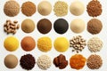 Diverse collection of cereals and grains in isolation, on white