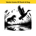 Dog and Duck Vector Illustration Bundle â Hunting, Wildlife, and Animal Interaction Poses Royalty Free Stock Photo