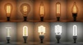 Diverse collection of illuminated vintage edison and modern light bulbs showcasing evolution of lighting technology Royalty Free Stock Photo