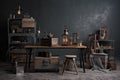 diverse collection of industrial furniture and accessories on a neutral background, for photo shoot