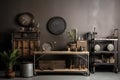 diverse collection of industrial furniture and accessories on a neutral background, for photo shoot