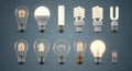 Diverse collection of light bulbs showcasing evolution of lighting technology and design Royalty Free Stock Photo