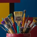 A diverse collection of paintbrushes is arranged in a red cylindrical container. The Royalty Free Stock Photo