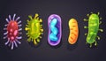 Diverse collection of pathogenic cells exploring various types of viruses, bacteria, and microbes.