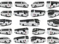 A diverse collection of various types of buses and minibuses in a grid layout. isolated on white background Royalty Free Stock Photo