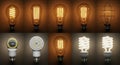 Diverse collection of vintage and modern light bulbs illuminating different eras of lighting technology Royalty Free Stock Photo