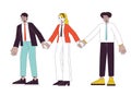 Diverse corporate employees holding hands flat line color vector characters