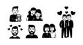Diverse couples expressing love and affection in simple black and white vector illustration design Royalty Free Stock Photo
