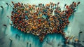 Diverse crowd forming a symbolic heart shape on a beach. Generative ai