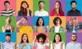 Diverse cultures. Collage of different expressive multiethnic people showing different emotions on colorful backgrounds Royalty Free Stock Photo