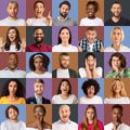 Diverse cultures. Mosaic of people portraits, multinational men and women posing on colorful studio backgrounds Royalty Free Stock Photo