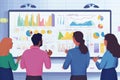 Diverse data analysts brainstorm together in a collaborative workspace, analyzing graphs and formulas displayed on a