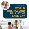Diverse doctor examining girl in hospital and recognising world hospice and palliative care day text