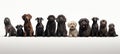 Diverse dogs, various breeds, big small, isolated on white background with copy space