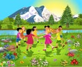 Diverse ethnic group of children having fun together, dancing in a circle in the middle of nature