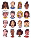 Diverse faces of people set. Human Avatars Collection. Old and young age. Happy emotions. Portrait with a positive Royalty Free Stock Photo