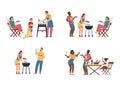 Diverse families have barbecue party, flat vector illustration. Black and white people make and eat grill food outside.