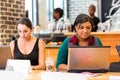 Diverse Female Customers using Internet in a Coffee Shop