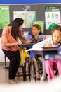 Diverse female teacher and schoolgirl using tablet in elementary school class Royalty Free Stock Photo