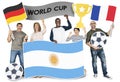 Diverse football fans holding the flags of Argentina, Germany and France