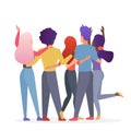 Diverse friend group of people hugging together. Back view of teenage boys and girls or school friends standing together Royalty Free Stock Photo