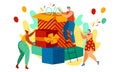 Diverse friends celebrate with giant gift boxes, balloons, and discounts. Cheerful people enjoying a festive sale event