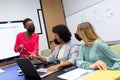 Diverse group of business colleagues wearing masks in discussion in meeting room looking at tablet Royalty Free Stock Photo