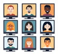 Diverse group of cartoon people smiling in computer screens. Nine happy, multiethnic characters in a grid of monitors Royalty Free Stock Photo