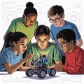 Diverse group of children excitedly building a robot together Royalty Free Stock Photo