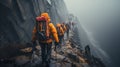 Diverse group of climbers making their ascent up the rocky steps of a mountain trail, AI-generated. Royalty Free Stock Photo