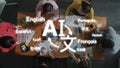 Diverse Group Collaborating with AI and Language Representation in Modern Workplace Environment with Multilingual Royalty Free Stock Photo