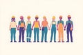 Diverse group of construction workers standing together, holding hands, wearing hard hats and work uniforms, showcasing unity and Royalty Free Stock Photo