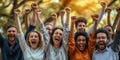 A Diverse Group Of Employees Cheer Wildly Outdoors, Celebrating A Big Win, Copy Space