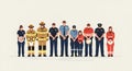 Diverse group of essential first responders and public service heroes standing together, rendered in a modern flat vector Royalty Free Stock Photo