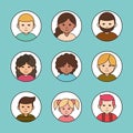 Diverse group female and male cartoon, round line icons collection