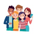 Diverse group of friends pose for selfie together using mobile phone, flat illustration Royalty Free Stock Photo