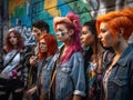 Gen Zers with vibrant hair around graffiti wall