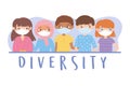 diverse group of girls and boys wearing face masks