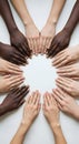 Diverse group of hands arranged in a circle showing unity and inclusion Royalty Free Stock Photo